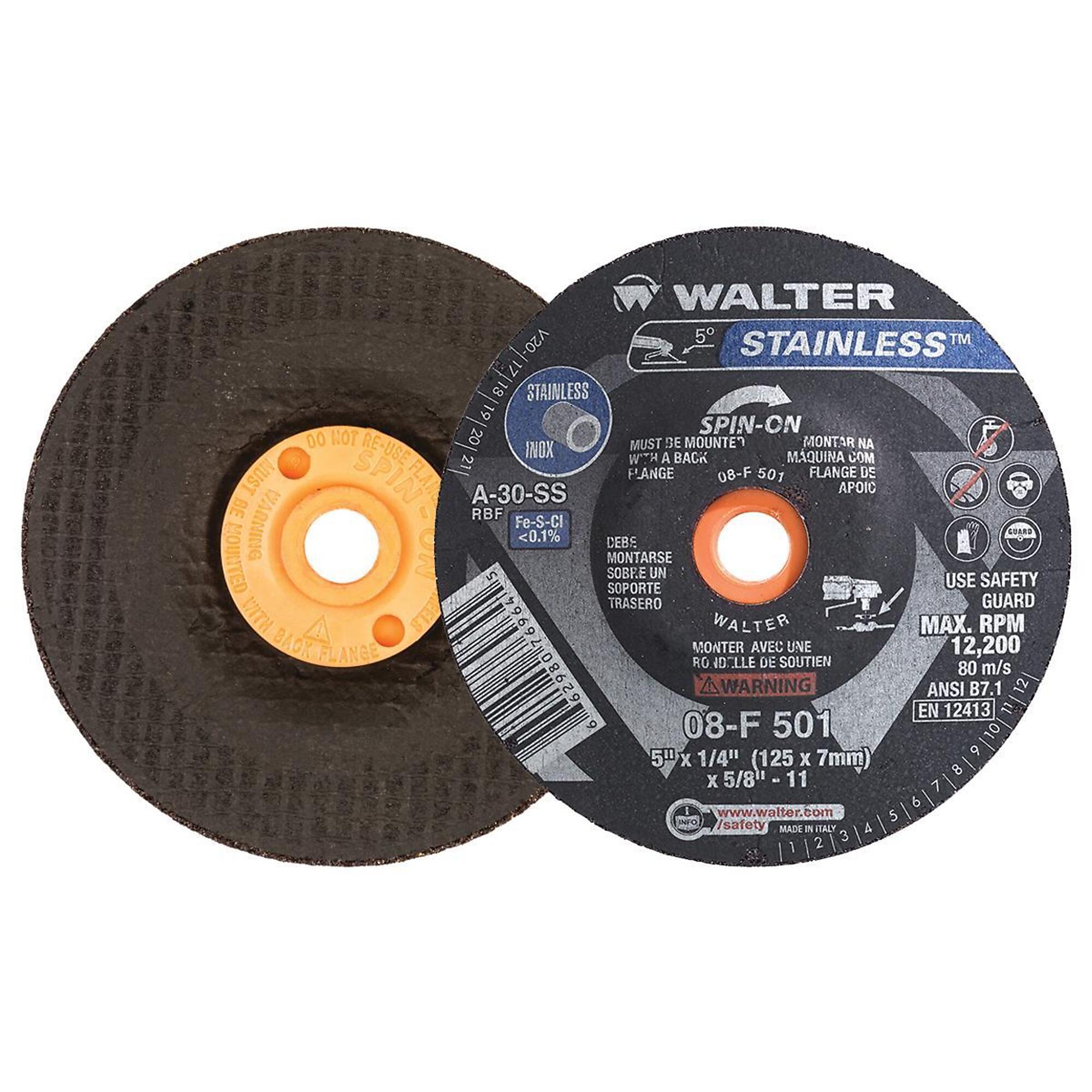 Walter 5in. x 1/4in. Type 28 Stainless Steel Spin-On Angle Grinder Grinding Wheels — 20 Pcs, Model# 08F501